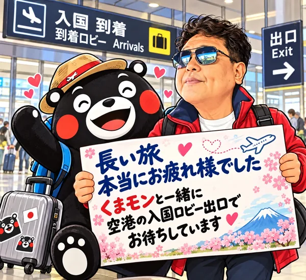 空港の入国ロビー出口でお出迎えするイラスト